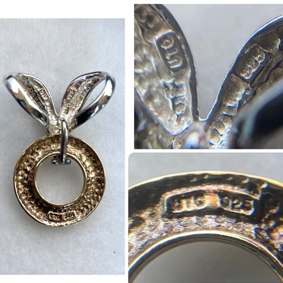 Sterling Silver 925 Vermeil Two Tone Round Slide Pendant Necklace Herringbone - Picture 10 of 16